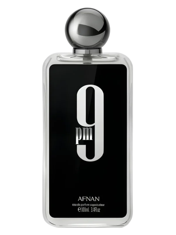 Botella de perfume Afnan 9PM, fragancia masculina dulce con vainilla, tonka y notas afrutadas.